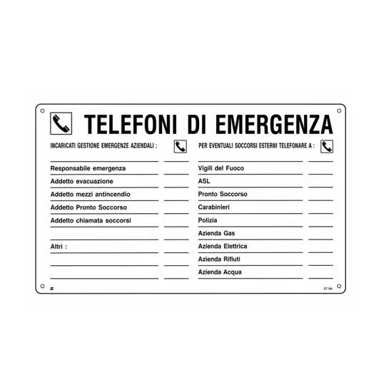 Cartello informativo 'telefoni di emergenza"