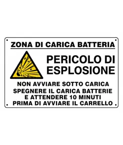 Cartello informativo 'zona di carica batteria' con istruzioni