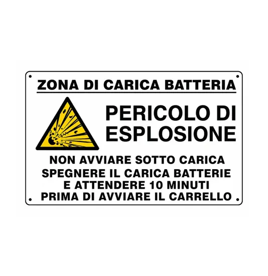 Cartello informativo 'zona di carica batteria' con istruzioni