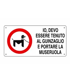 Cartello 'io devo essere tenuto al guinzaglio e portare la museruola'