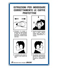 Cartello 'istruzioni per indossare correttamente le cuffie protettive'