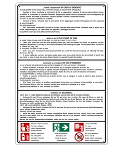 Cartello multilingue 'come comportarsi in caso di incendio'