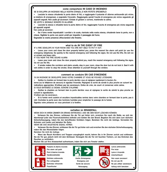 Cartello multilingue 'come comportarsi in caso di incendio'