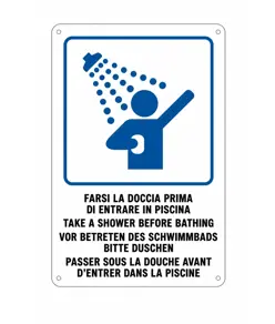 Cartello multilingue 'farsi la doccia prima di entrare in piscina'