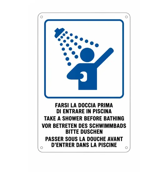 Cartello multilingue 'farsi la doccia prima di entrare in piscina'
