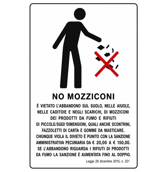 Cartello multilingue 'no mozziconi, scontrini e fazzoletti'