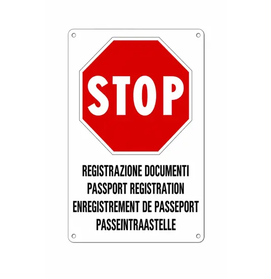 Cartello multilingue 'stop registrazione documenti'