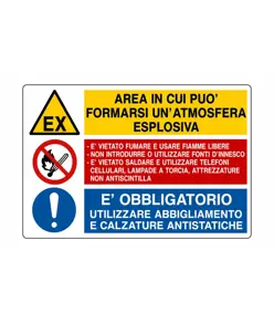 Cartello multisimbolo 'area in cui può fermarsi un'atmosfera esplosiva...'