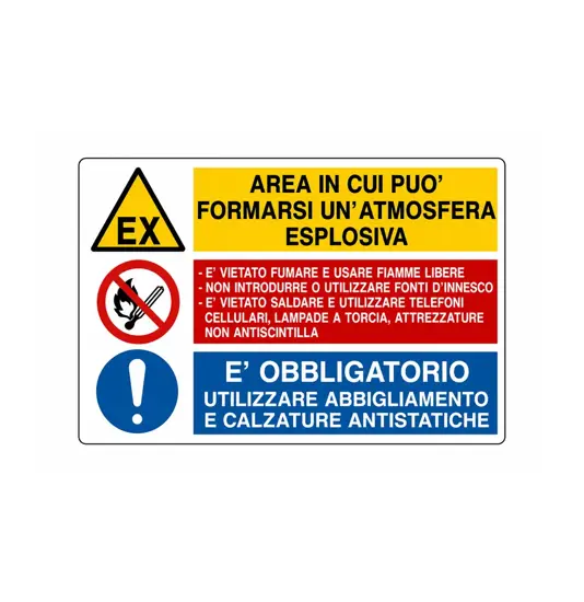 Cartello multisimbolo 'area in cui può fermarsi un'atmosfera esplosiva...'