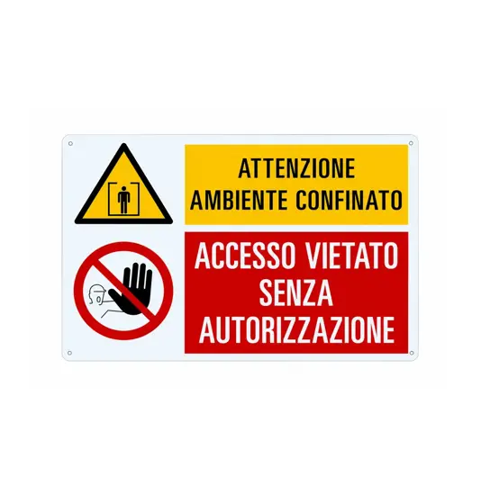 Cartello multisimbolo 'attenzione ambiente confinato, accesso vietato...'