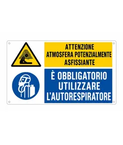 Cartello multisimbolo 'attenzione atmosfera potenzialmente asfissiante...'