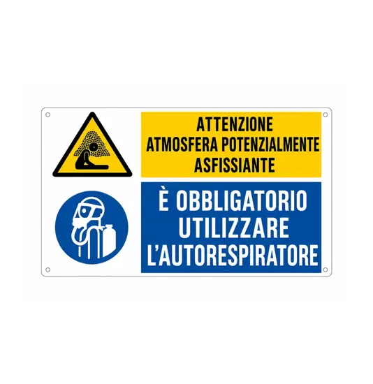 Cartello multisimbolo 'attenzione atmosfera potenzialmente asfissiante...'
