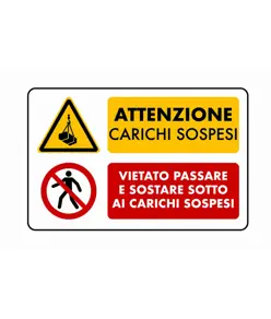 Cartello multisimbolo 'attenzione carichi sospesi, vietato passare e...'