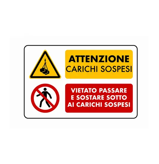 Cartello multisimbolo 'attenzione carichi sospesi, vietato passare e...'