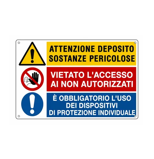 Cartello multisimbolo 'attenzione deposito sostanze pericolose...'
