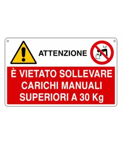 Cartello multisimbolo 'attenzione è vietato sollevare carichi manuali...'