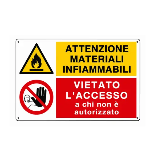 Cartello multisimbolo 'attenzione materiali infiammabili...'