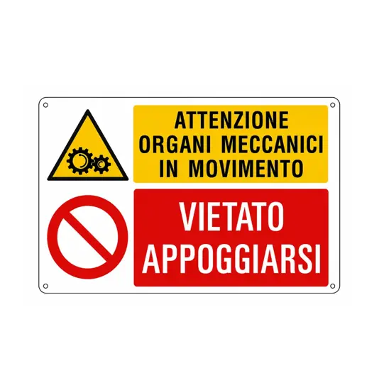 Cartello multisimbolo 'attenzione organi meccanici in movimento...'