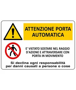 Cartello multisimbolo 'attenzione porta automatica, è vietato sostare...'