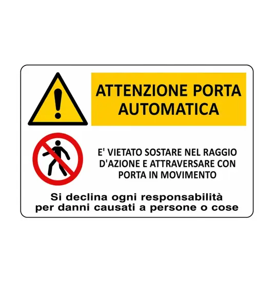 Cartello multisimbolo 'attenzione porta automatica, è vietato sostare...'
