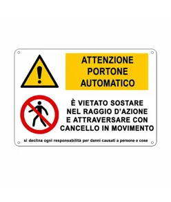 Cartello multisimbolo 'attenzione portone automatico, è vietato sostare...'