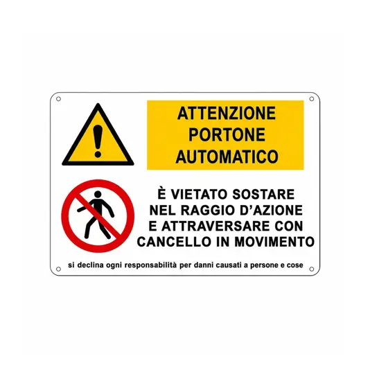Cartello multisimbolo 'attenzione portone automatico, è vietato sostare...'