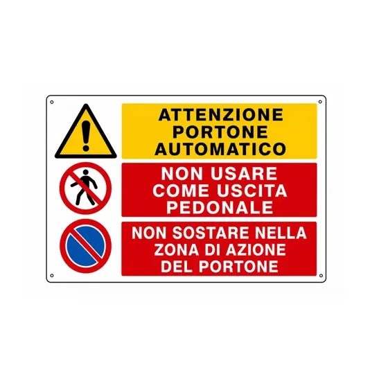 Cartello multisimbolo 'attenzione portone automatico, non usare come uscita...'