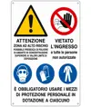 Cartello multisimbolo con pericolo, divieto e obblighi