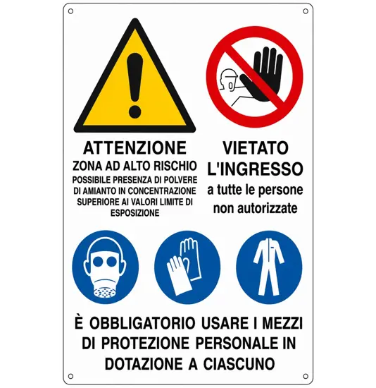 Cartello multisimbolo con pericolo, divieto e obblighi