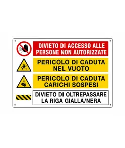 Cartello multisimbolo 'Divieto di accesso ed oltrepassare la lariga'