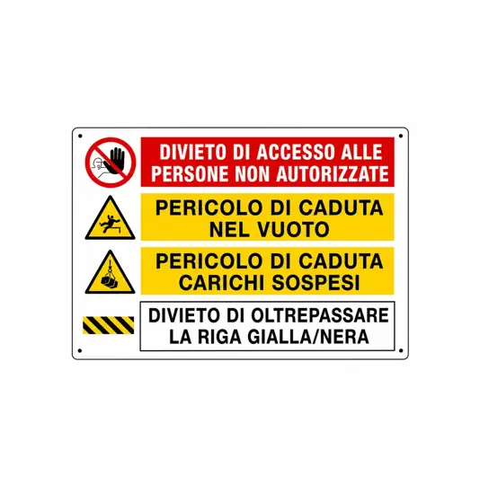 Cartello multisimbolo 'Divieto di accesso ed oltrepassare la lariga'