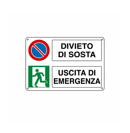 Cartello multisimbolo 'divieto di sosta uscita di emergenza'