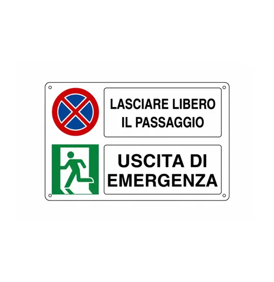 Cartello multisimbolo 'lasciare libero il passaggio uscita di emergenza'