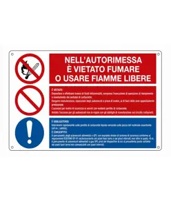 Cartello multisimbolo 'nell'autorimessa è vietato fumare o usare fiamme libere'