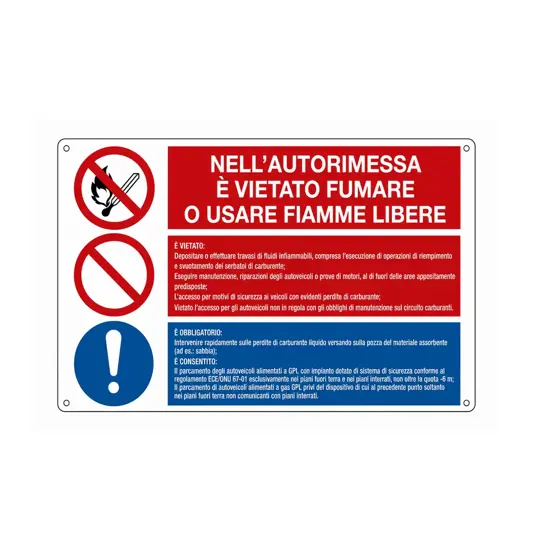 Cartello multisimbolo 'nell'autorimessa è vietato fumare o usare fiamme libere'