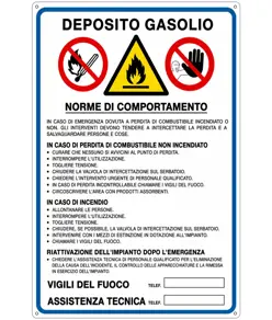 Cartello multisimbolo norme comportamento  'Deposito gasolio'