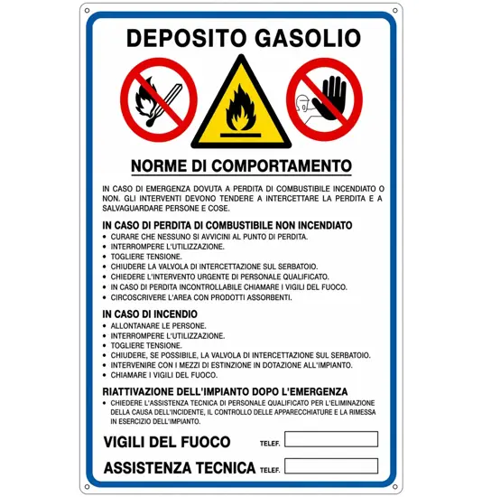 Cartello multisimbolo norme comportamento  'Deposito gasolio'