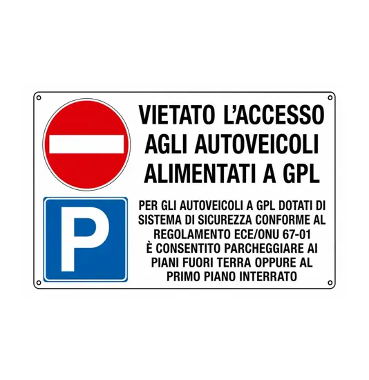 Cartello multisimbolo 'Vietato l'accesso agli autoveicoli GPL'