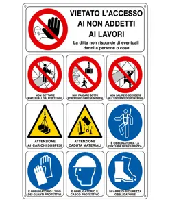 Cartello multisimbolo 'vietato l'accesso ai non addetti ai lavori'