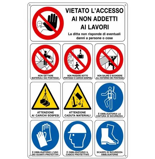 Cartello multisimbolo 'vietato l'accesso ai non addetti ai lavori'