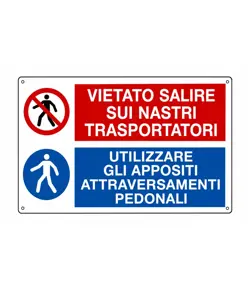 Cartello multisimbolo 'vietato salire sui nastri trasportatori'