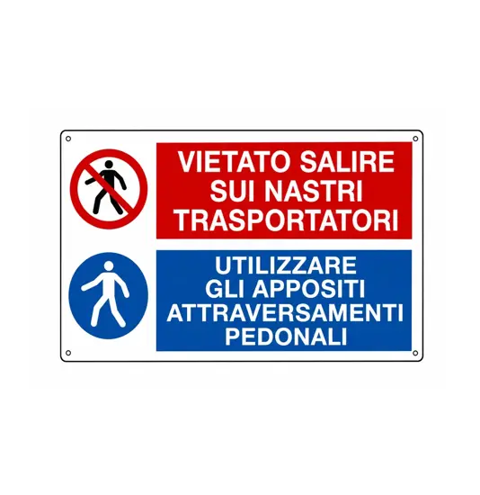 Cartello multisimbolo 'vietato salire sui nastri trasportatori'