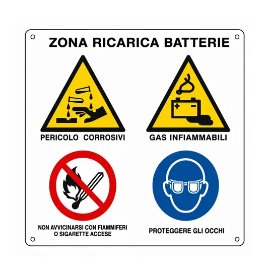 Cartello multisimbolo 'zona ricarica batteria'