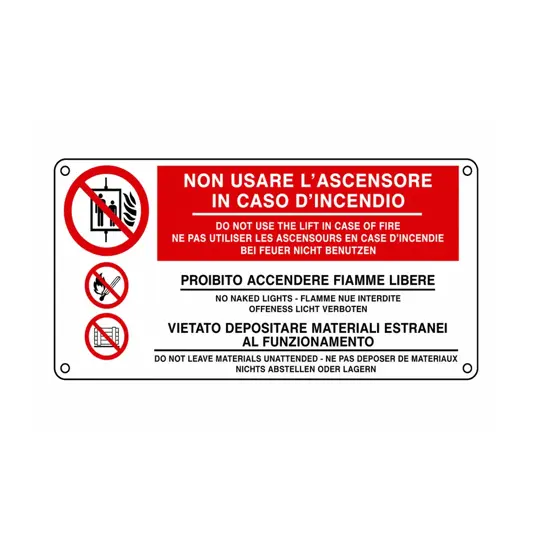 Cartello 'non usare l'ascensore in caso di incendio, do not...'