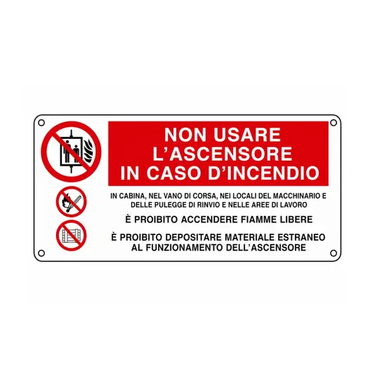 Cartello 'non usare l'ascensore in caso d'incendio' con simboli