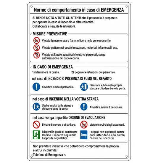 Cartello 'norme di comportamento in caso d'emergenza'
