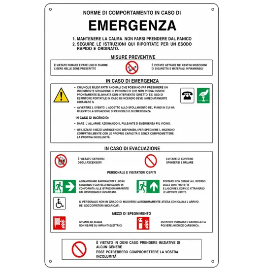 Cartello 'norme di comportamento in caso di emergenza'