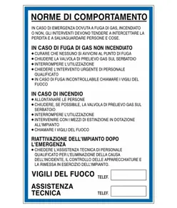 Cartello 'norme di comportamento in caso di gas o incendio'