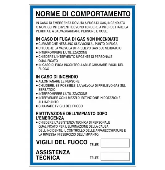 Cartello 'norme di comportamento in caso di gas o incendio'