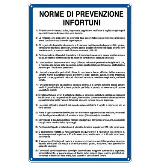 Cartello 'norme di prevenzione infortuni'
